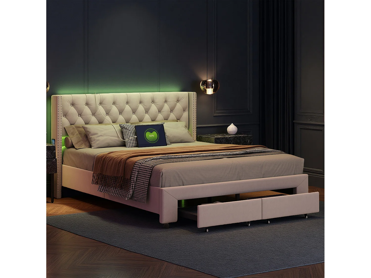 Lit 160x200 cm - NEXU - lit double 160x200 cm - tissu en Velours - LED et USB - cadre de lit adulte 160x200 cm avec sommier à lattes - beige