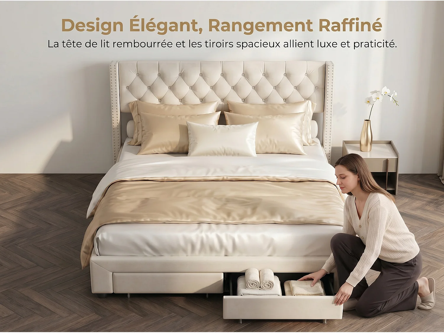 Bed 160x200 cm - NEXU - tweepersoonsbed 160x200 cm - fluwelen stof - LED en USB - volwassen bedframe 160x200 cm met lattenbodem - beige
