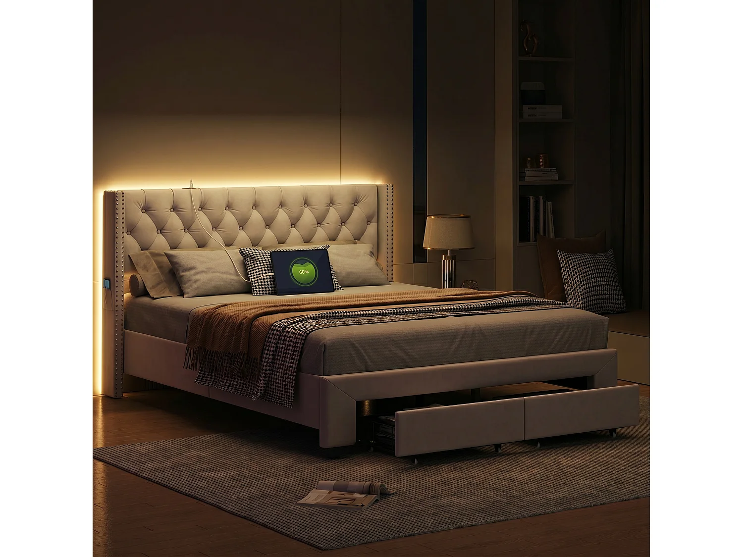 Bed 160x200 cm - NEXU - tweepersoonsbed 160x200 cm - fluwelen stof - LED en USB - volwassen bedframe 160x200 cm met lattenbodem - beige