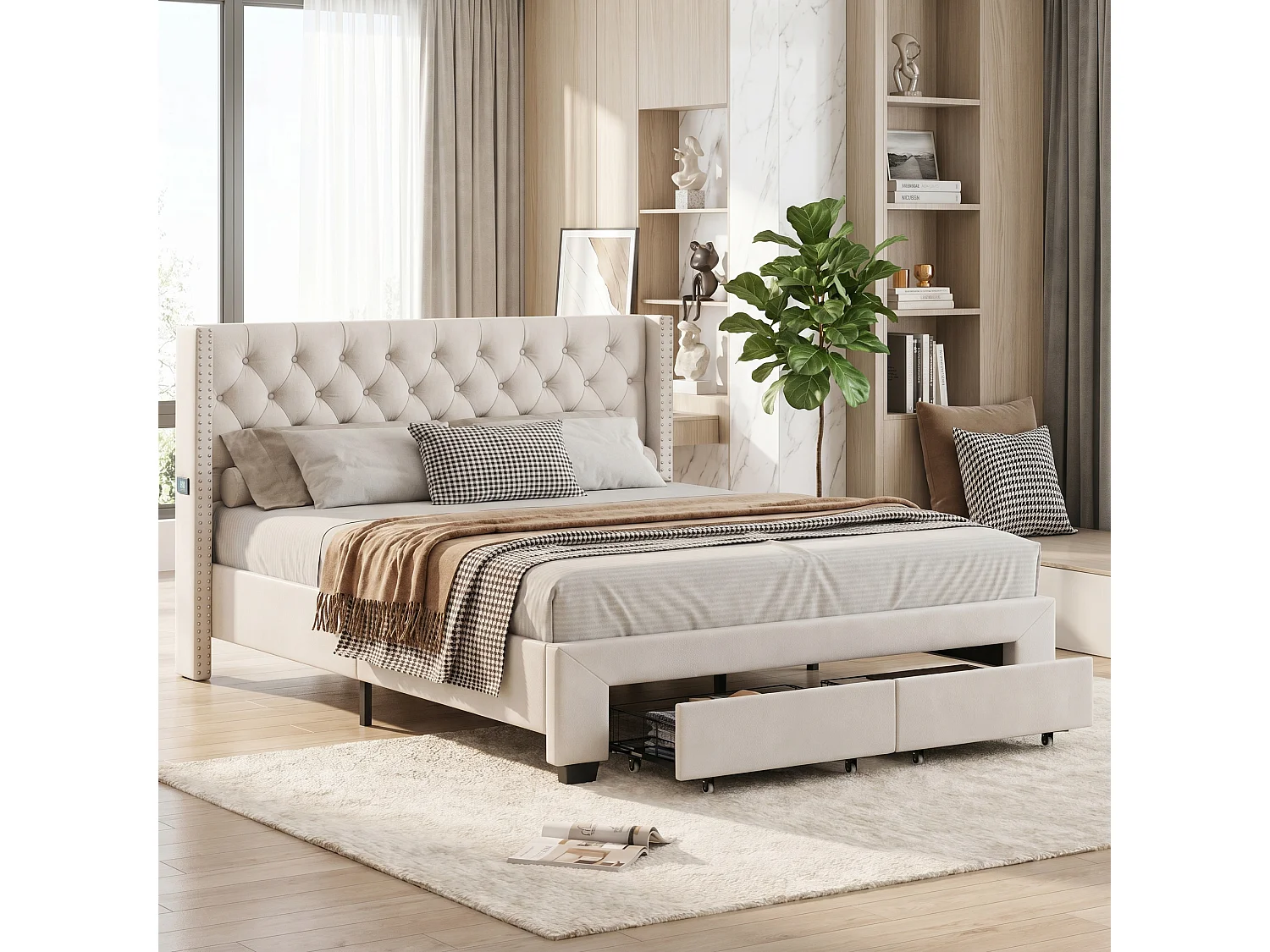 Bed 160x200 cm - NEXU - tweepersoonsbed 160x200 cm - fluwelen stof - LED en USB - volwassen bedframe 160x200 cm met lattenbodem - beige