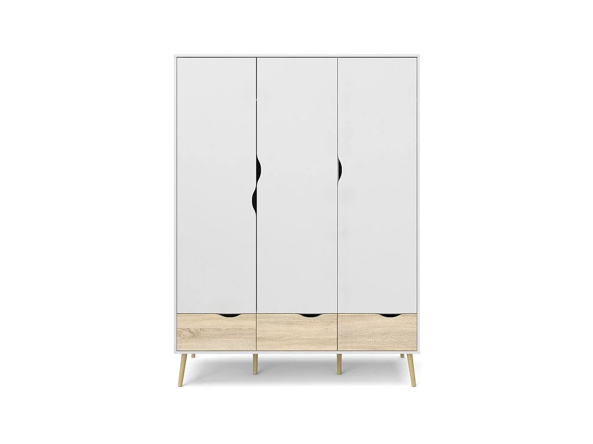 Armoire 3 portes, 3 tiroirs blanc et décor chêne L147,2 cm - BILLUND