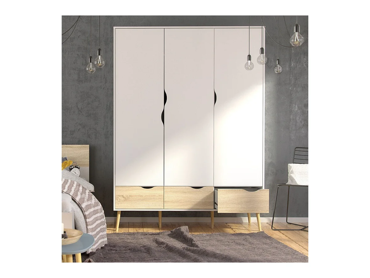 Armoire 3 portes, 3 tiroirs blanc et décor chêne L147,2 cm - BILLUND