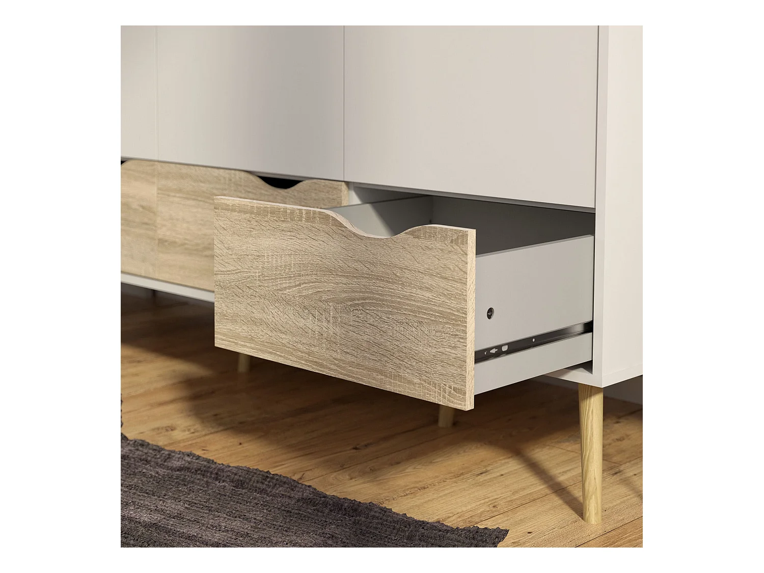 Armoire 3 portes, 3 tiroirs blanc et décor chêne L147,2 cm - BILLUND