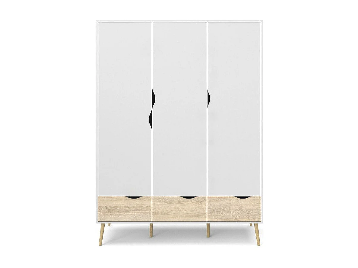 Armoire 3 portes, 3 tiroirs blanc et décor chêne L147,2 cm - BILLUND