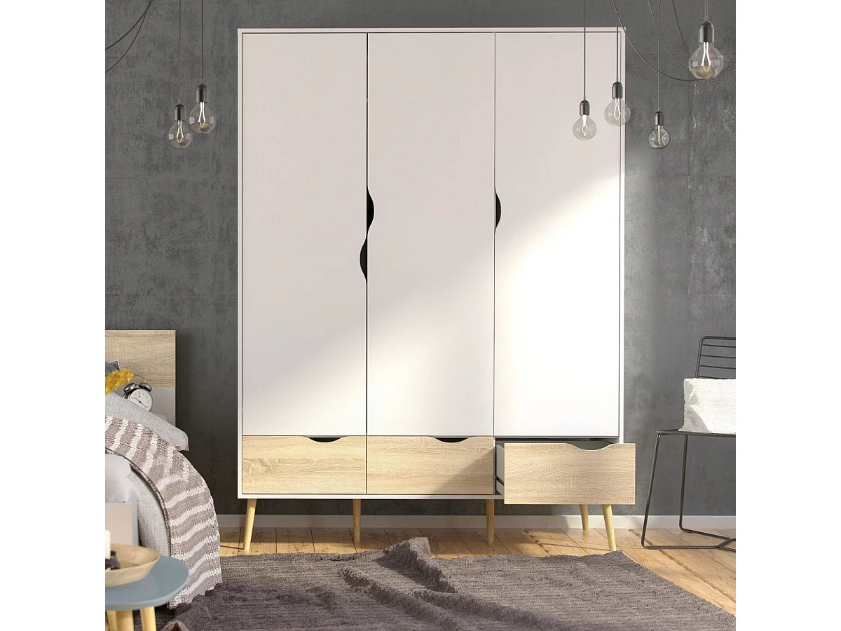 Armoire 3 portes, 3 tiroirs blanc et décor chêne L147,2 cm - BILLUND