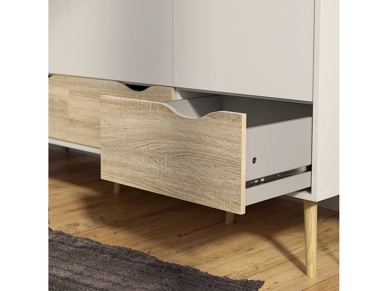 Armoire 3 portes, 3 tiroirs blanc et décor chêne L147,2 cm - BILLUND