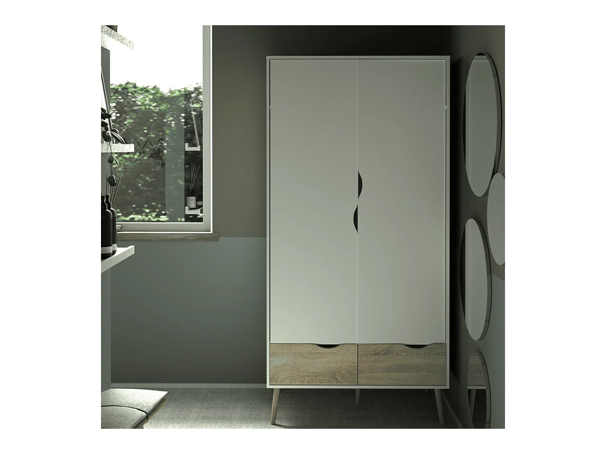 Armoire 2 portes, 2 tiroirs blanc et décor chêne L98,7 cm - BILLUND