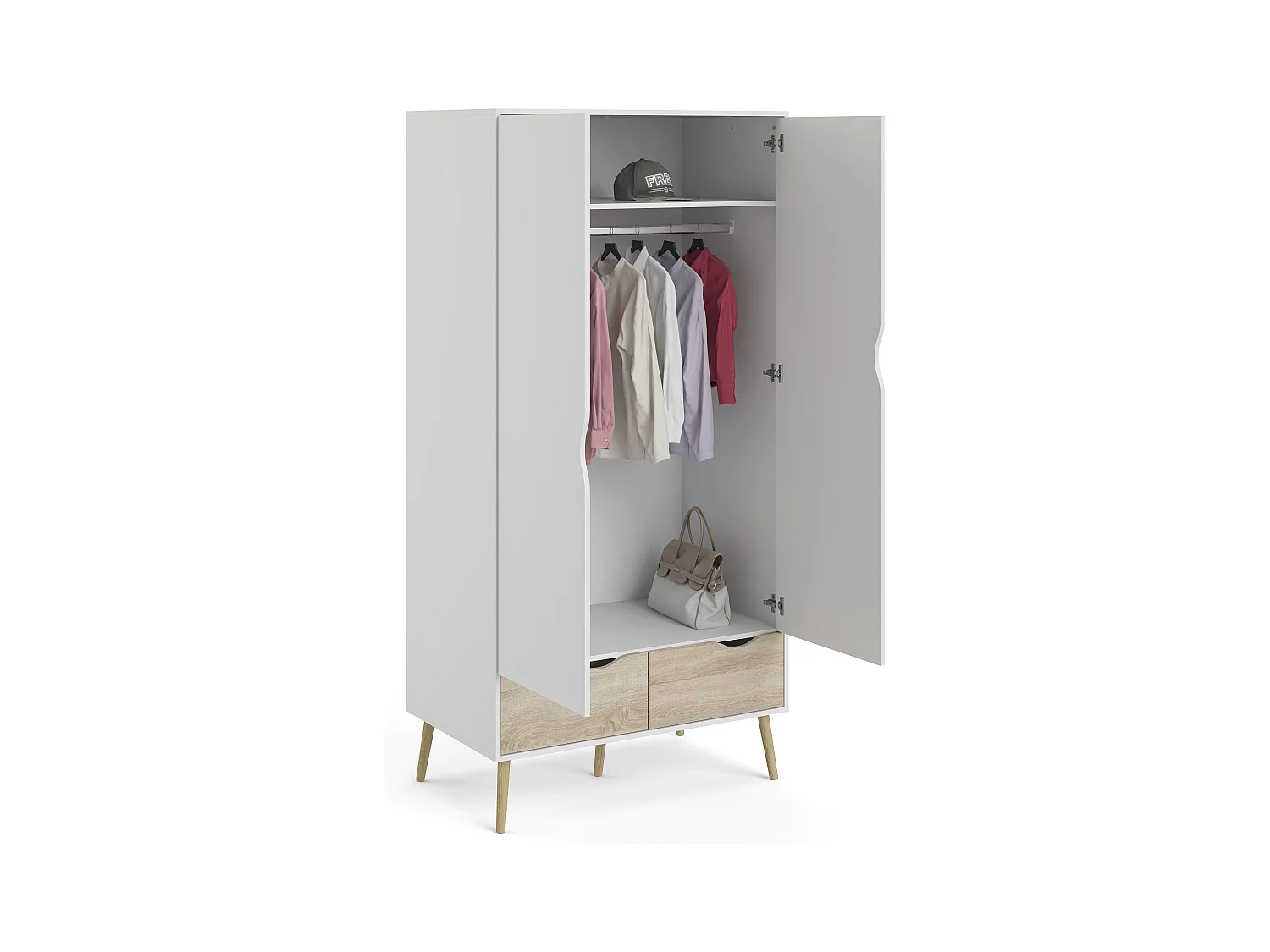 Armoire 2 portes, 2 tiroirs blanc et décor chêne L98,7 cm - BILLUND