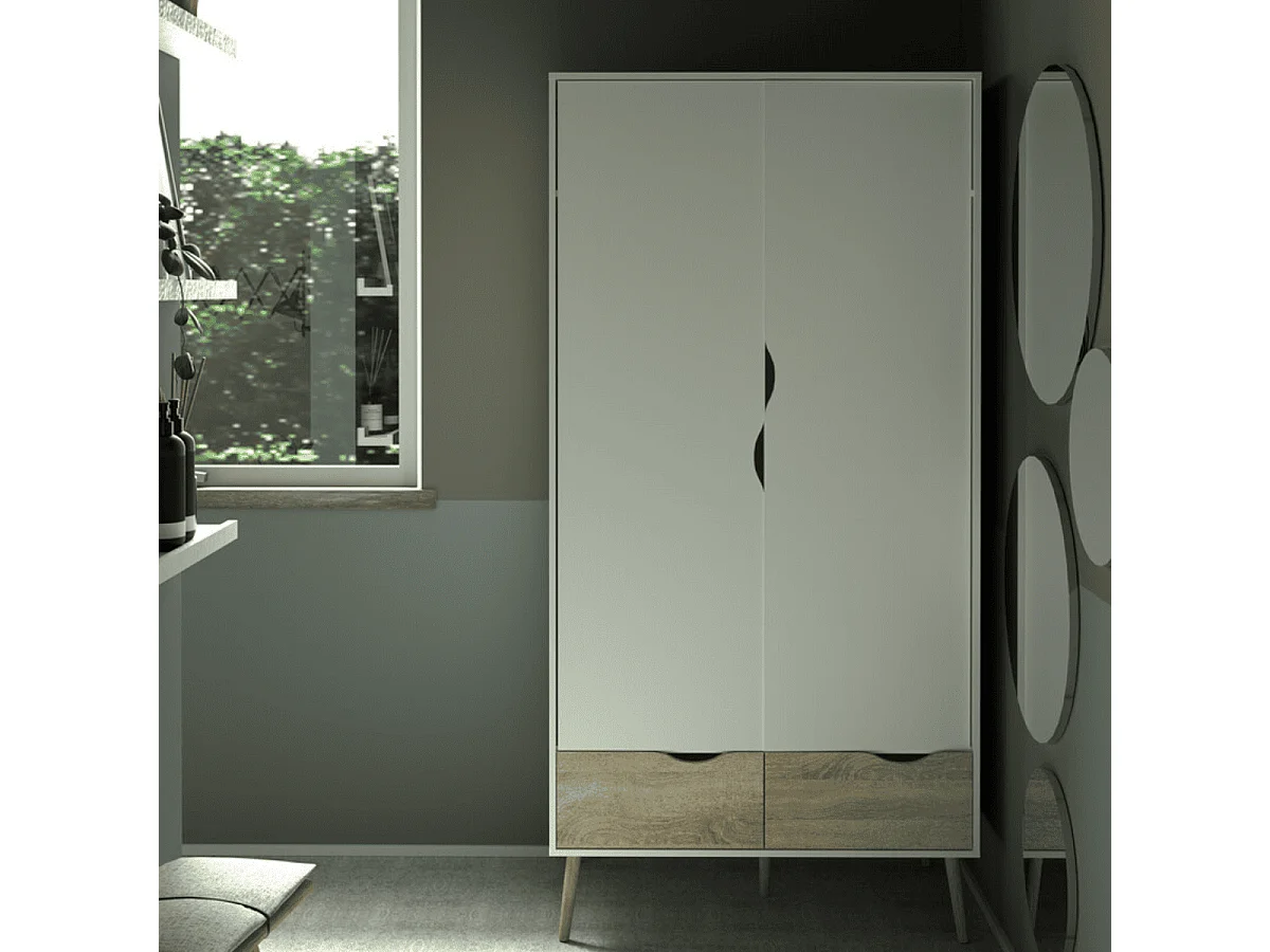 Armoire 2 portes, 2 tiroirs blanc et décor chêne L98,7 cm - BILLUND