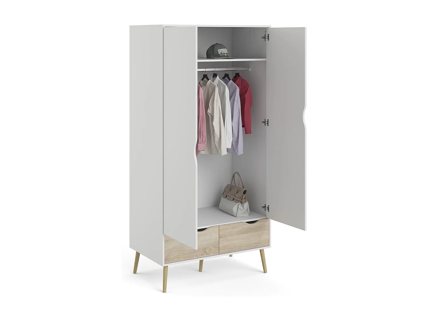 Armoire 2 portes, 2 tiroirs blanc et décor chêne L98,7 cm - BILLUND