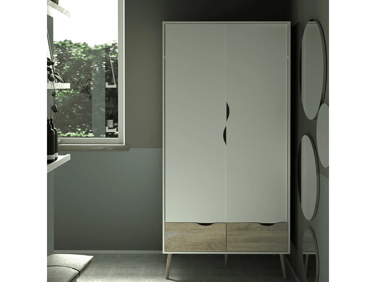 Armoire 2 portes, 2 tiroirs blanc et décor chêne L98,7 cm - BILLUND