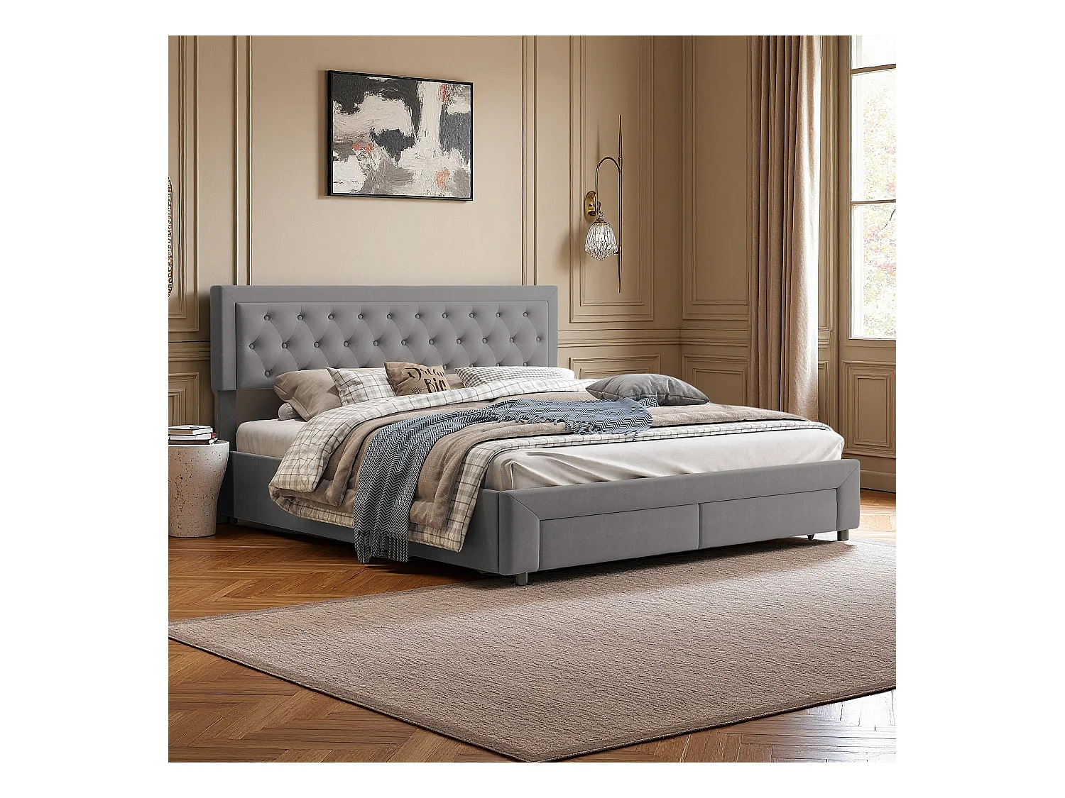 Lit double 180x200 cm avec sommier à lattes - NEXU - lit coffre 180x200 cm avec tiroir - lit adulte 180x200 cm - tissu en velours - gris