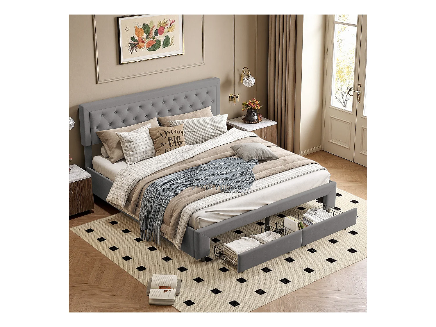 Lit double 180x200 cm avec sommier à lattes - NEXU - lit coffre 180x200 cm avec tiroir - lit adulte 180x200 cm - tissu en velours - gris