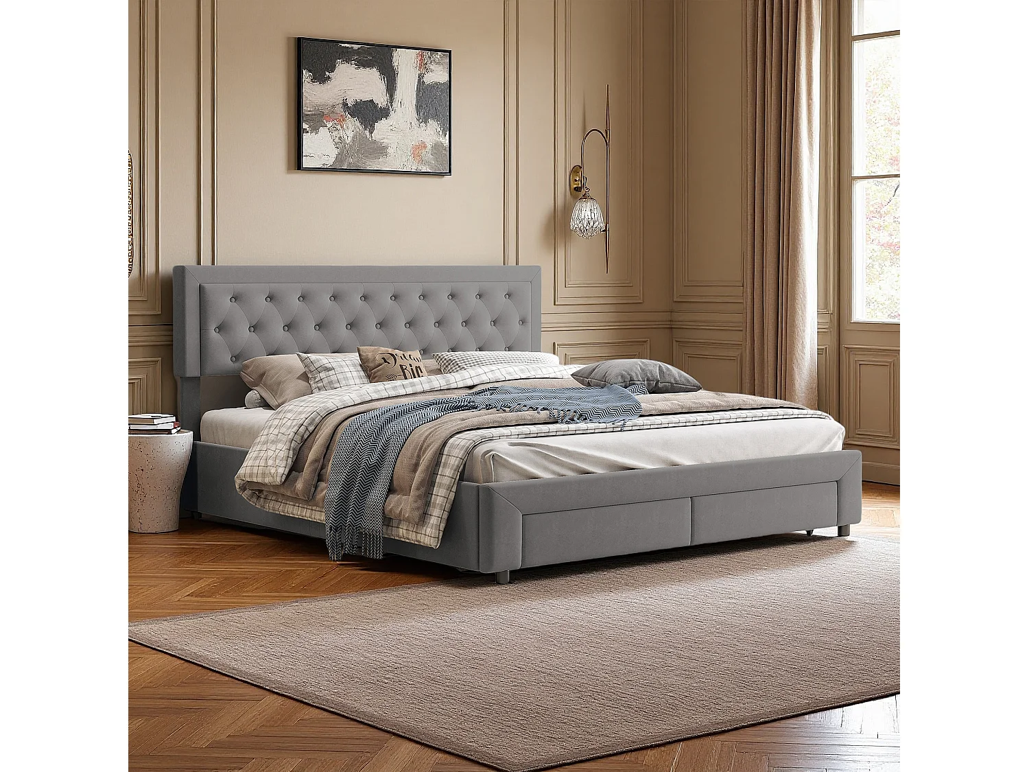 Lit double 180x200 cm avec sommier à lattes - NEXU - lit coffre 180x200 cm avec tiroir - lit adulte 180x200 cm - tissu en velours - gris