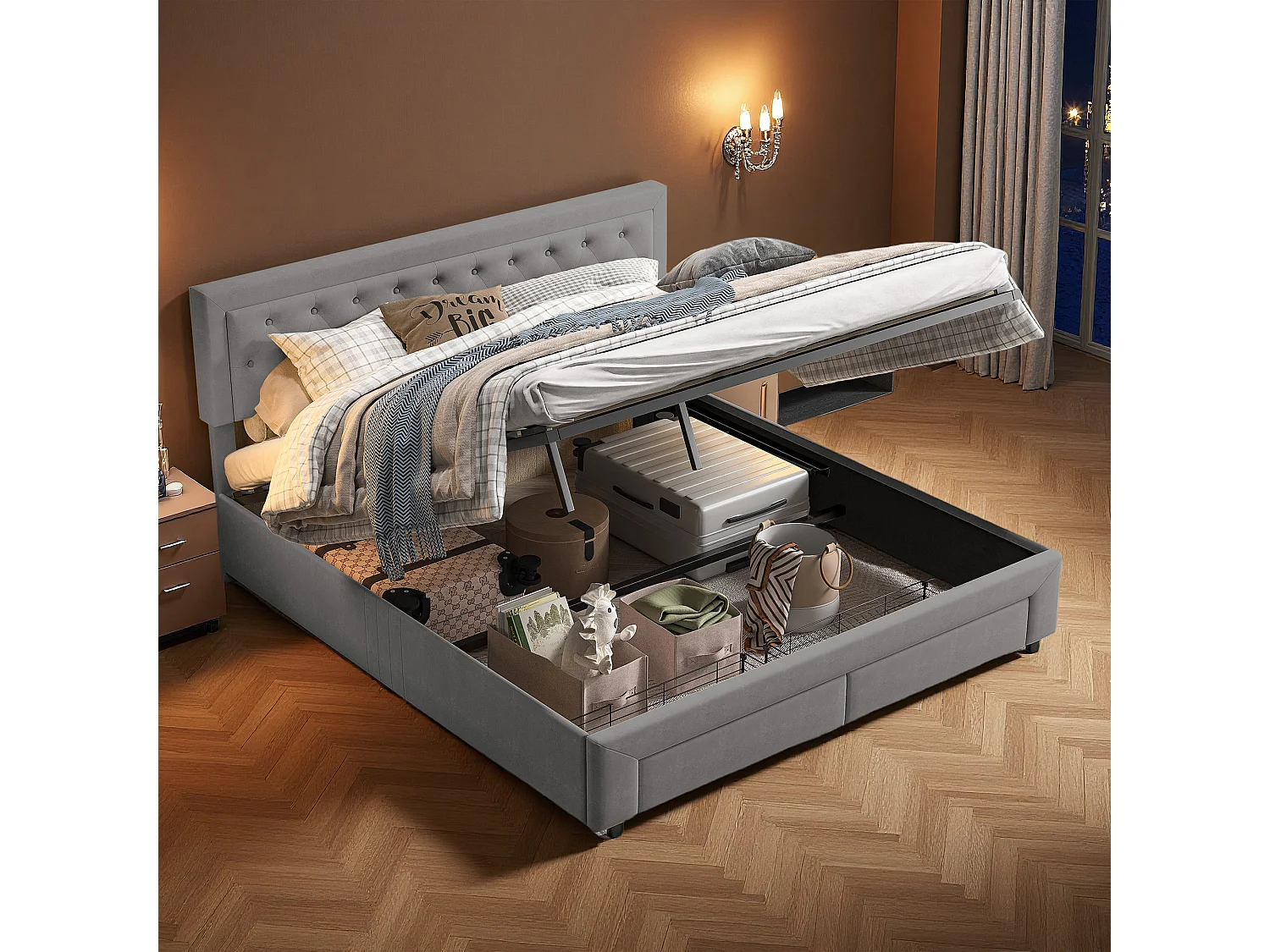 Lit double 180x200 cm avec sommier à lattes - NEXU - lit coffre 180x200 cm avec tiroir - lit adulte 180x200 cm - tissu en velours - gris