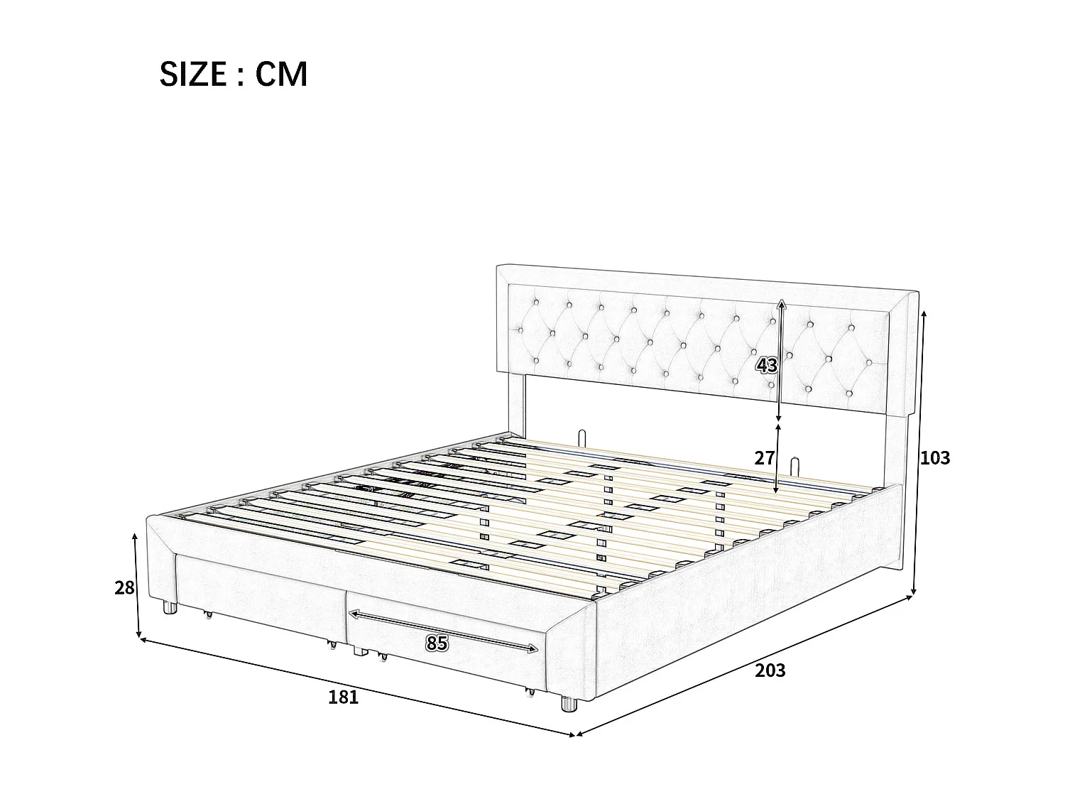 Lit double 180x200 cm avec sommier à lattes - NEXU - lit coffre 180x200 cm avec tiroir - lit adulte 180x200 cm - tissu en velours - gris