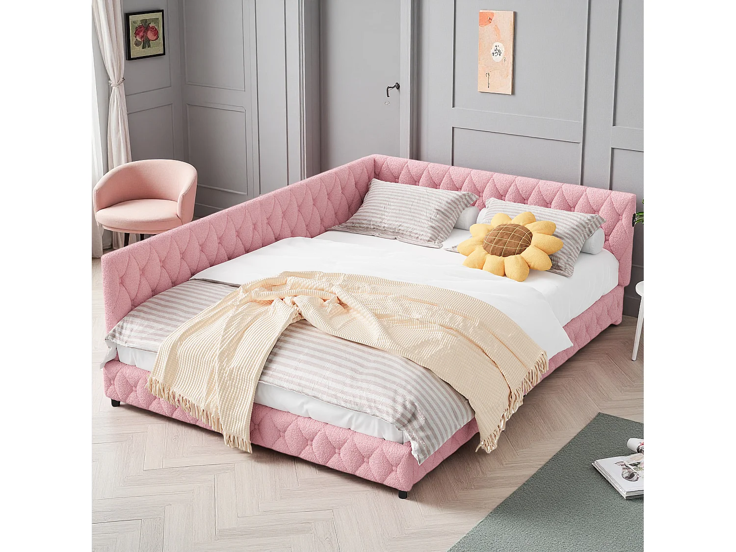 Lit double 140x200 cm -  NEXU - canapé lit 140x200 cm avec LED et USB - lit fille 140x200 cm avec sommier à lattes - tissu en velours - rose