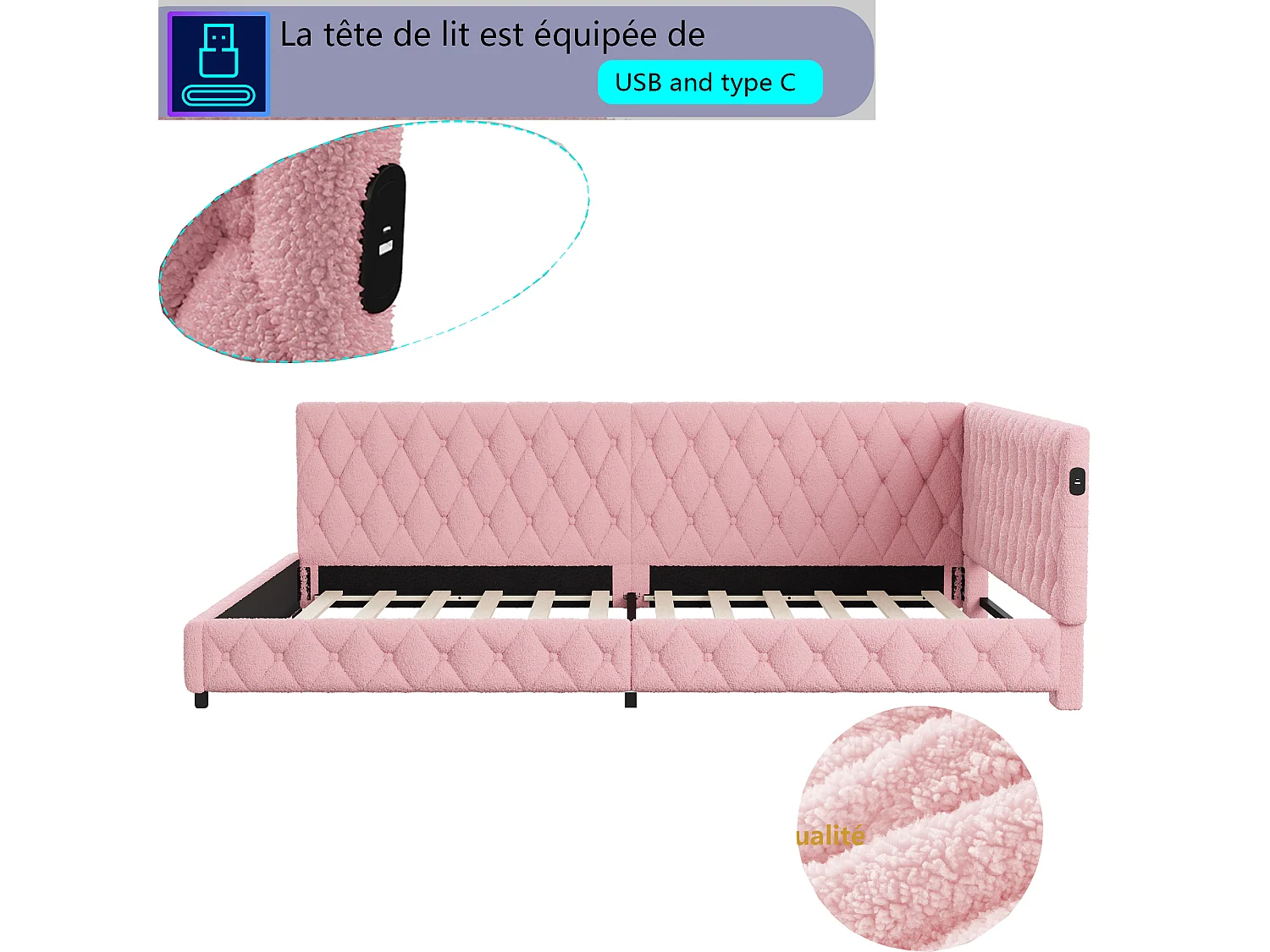 Lit double 140x200 cm -  NEXU - canapé lit 140x200 cm avec LED et USB - lit fille 140x200 cm avec sommier à lattes - tissu en velours - rose