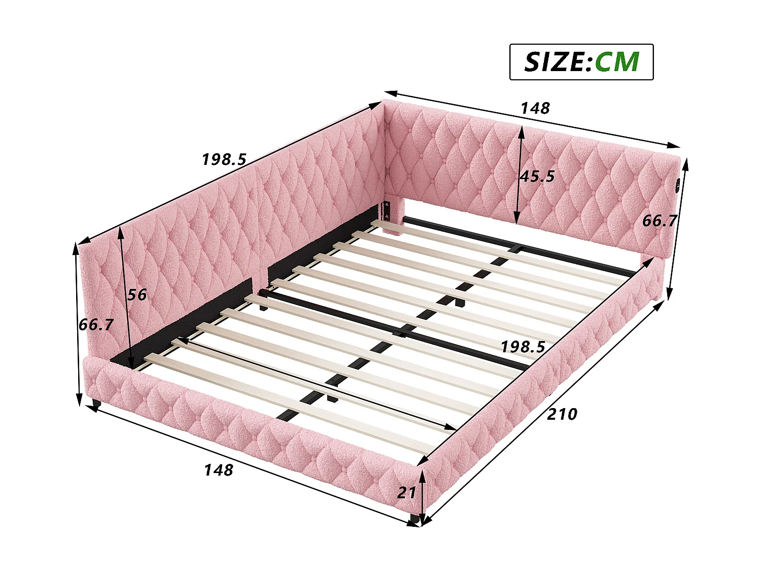 Lit double 140x200 cm -  NEXU - canapé lit 140x200 cm avec LED et USB - lit fille 140x200 cm avec sommier à lattes - tissu en velours - rose