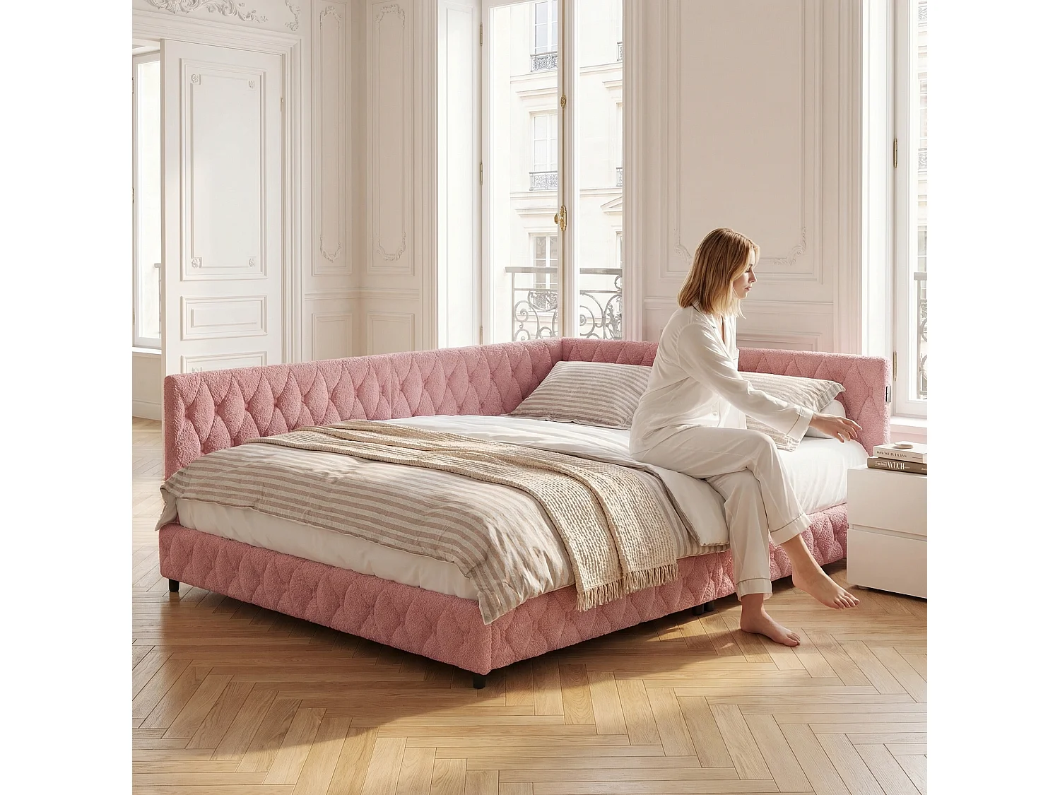 Tweepersoonsbed 140x200 cm - NEXU - slaapbank 140x200 cm met LED en USB - meisjesbed 140x200 cm met lattenbodem - fluwelen stof - roze