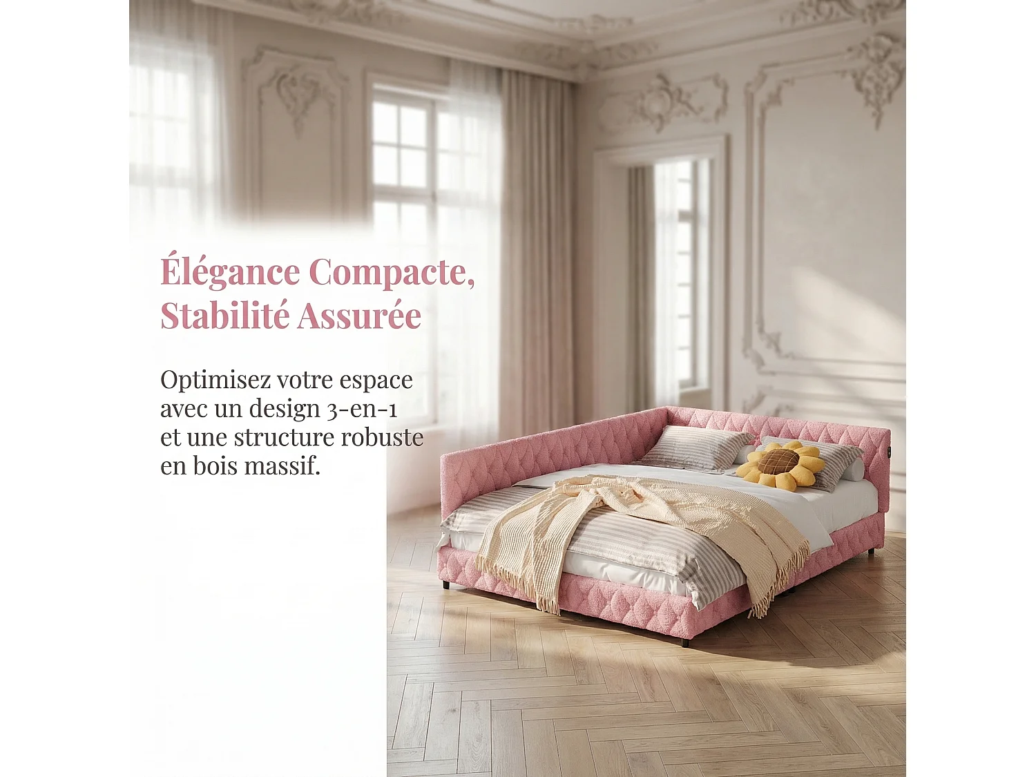 Tweepersoonsbed 140x200 cm - NEXU - slaapbank 140x200 cm met LED en USB - meisjesbed 140x200 cm met lattenbodem - fluwelen stof - roze