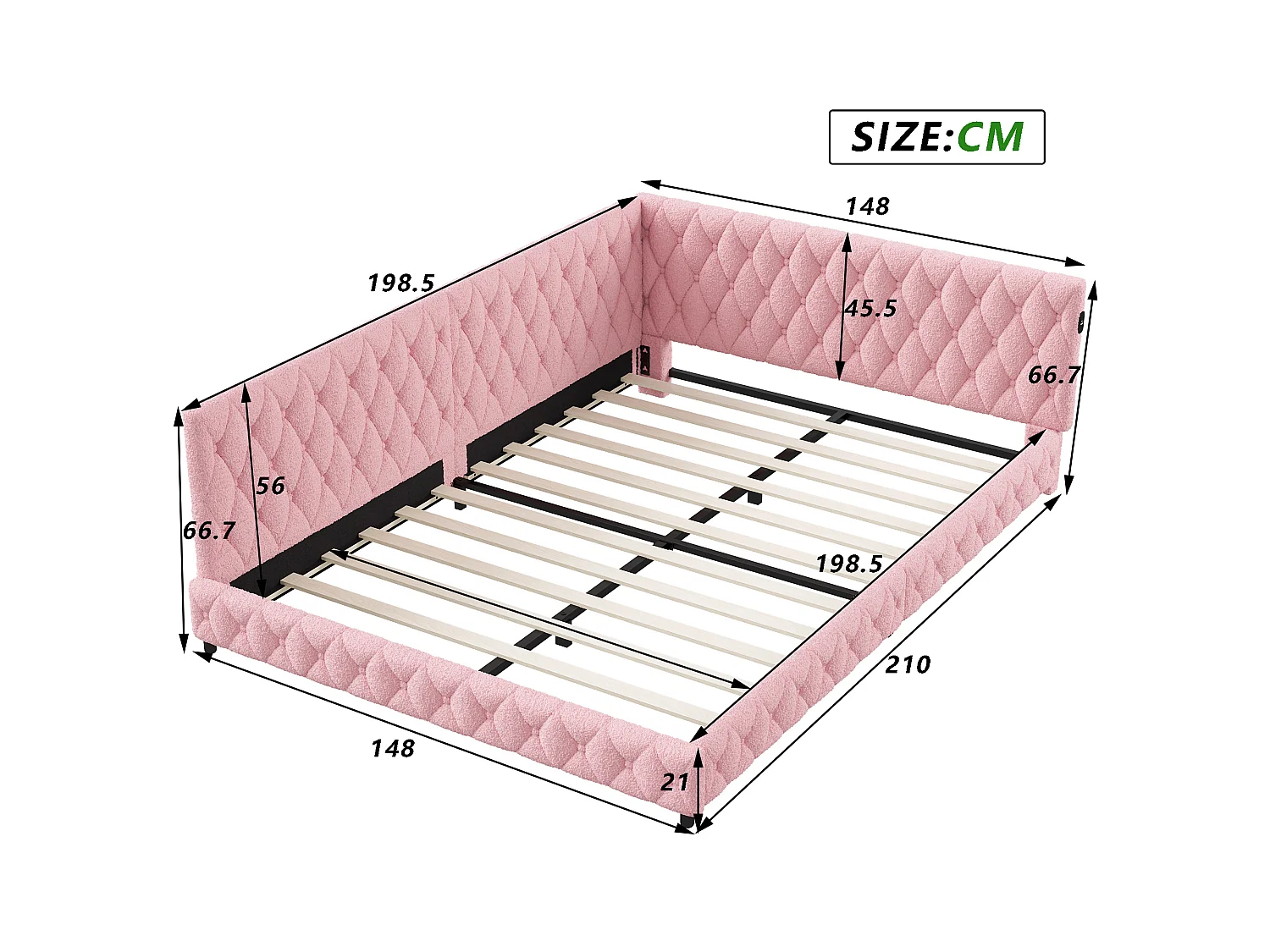 Tweepersoonsbed 140x200 cm - NEXU - slaapbank 140x200 cm met LED en USB - meisjesbed 140x200 cm met lattenbodem - fluwelen stof - roze