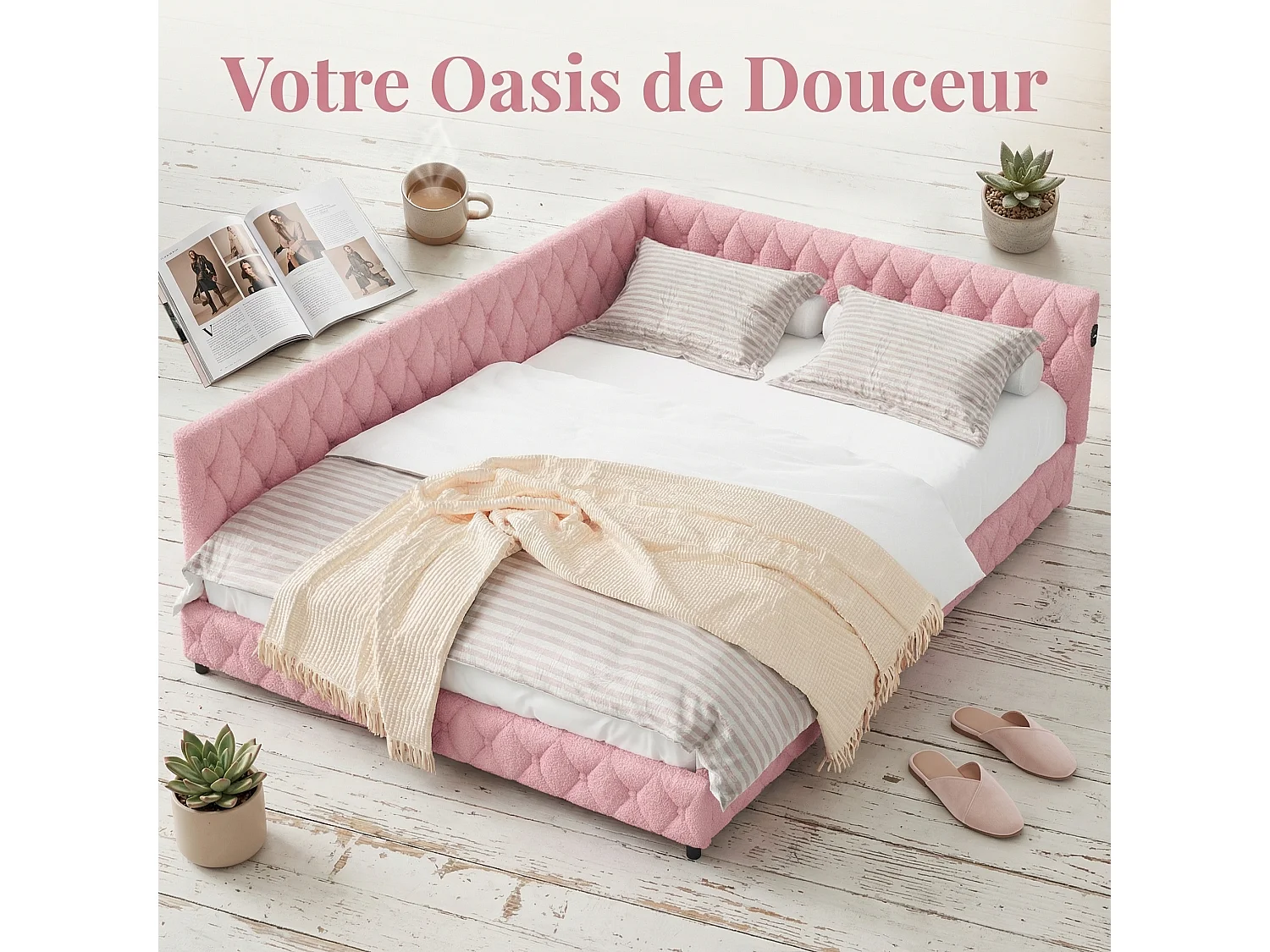 Tweepersoonsbed 140x200 cm - NEXU - slaapbank 140x200 cm met LED en USB - meisjesbed 140x200 cm met lattenbodem - fluwelen stof - roze