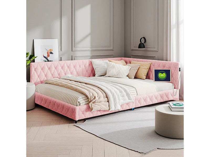 Lit double 140x200 cm -  NEXU - canapé lit 140x200 cm avec LED et USB - lit fille 140x200 cm avec sommier à lattes - tissu en velours - rose