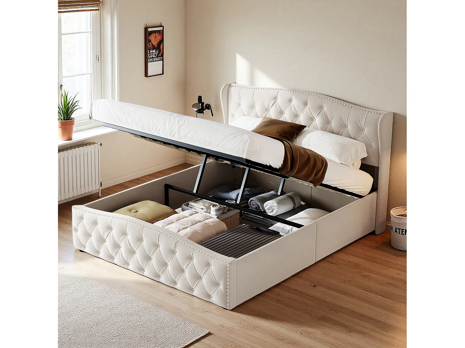 Lit capitonné 160x200 cm avec sommier à lattes - lit double 160x200 cm avec coffre de lit - cadre de lit adulte 160x200 cm - tissu en Velours - blanc cassé