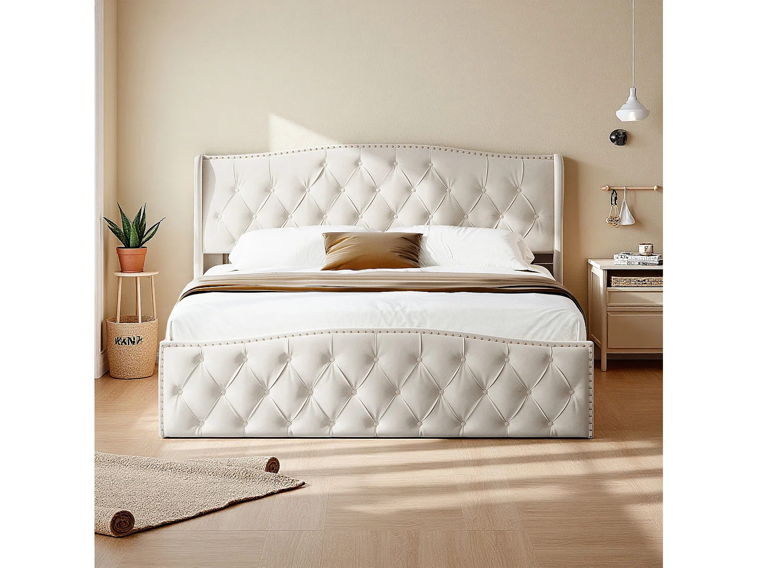 Lit capitonné 160x200 cm avec sommier à lattes - lit double 160x200 cm avec coffre de lit - cadre de lit adulte 160x200 cm - tissu en Velours - blanc cassé