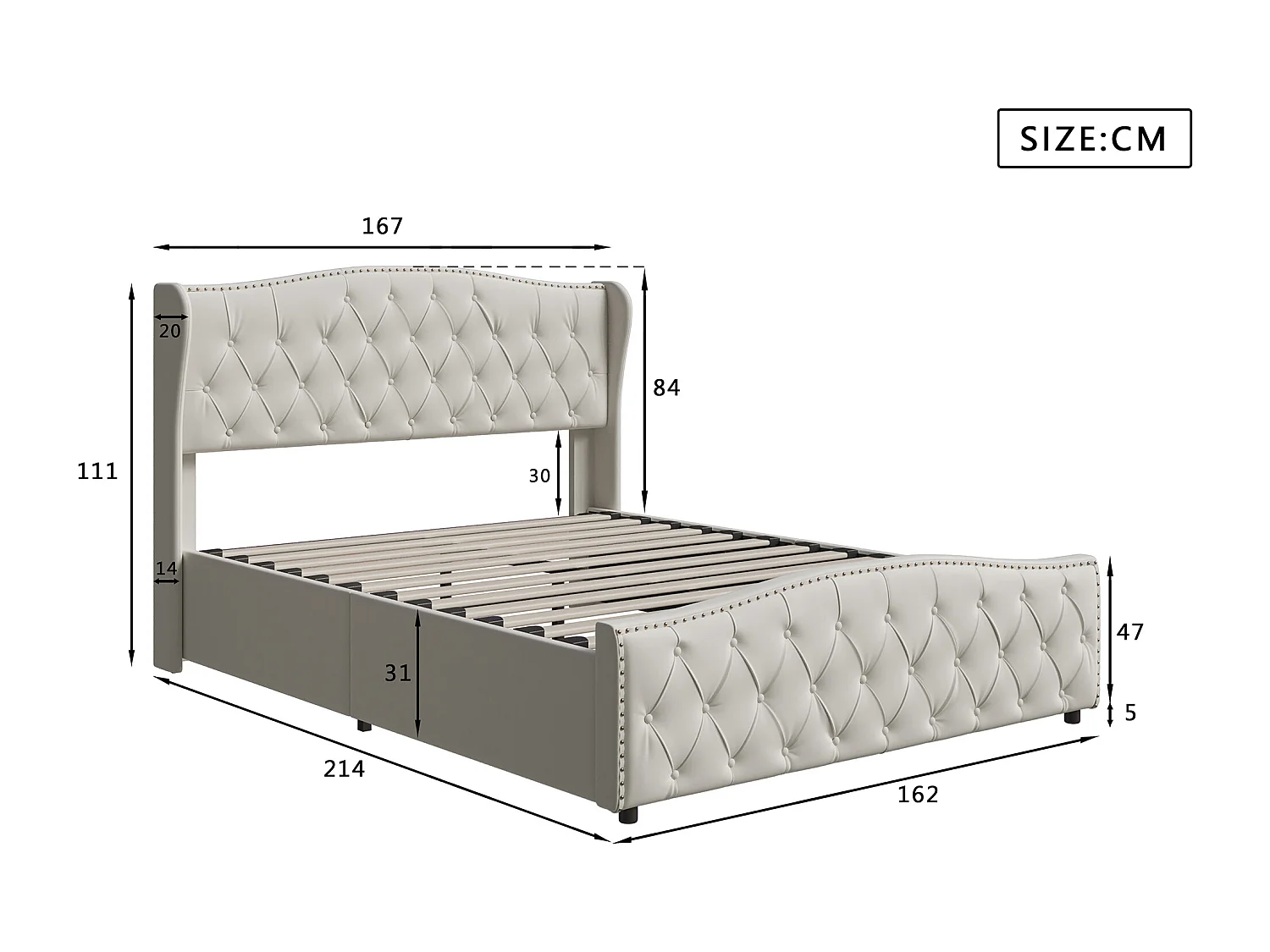 Lit capitonné 160x200 cm avec sommier à lattes - lit double 160x200 cm avec coffre de lit - cadre de lit adulte 160x200 cm - tissu en Velours - blanc cassé