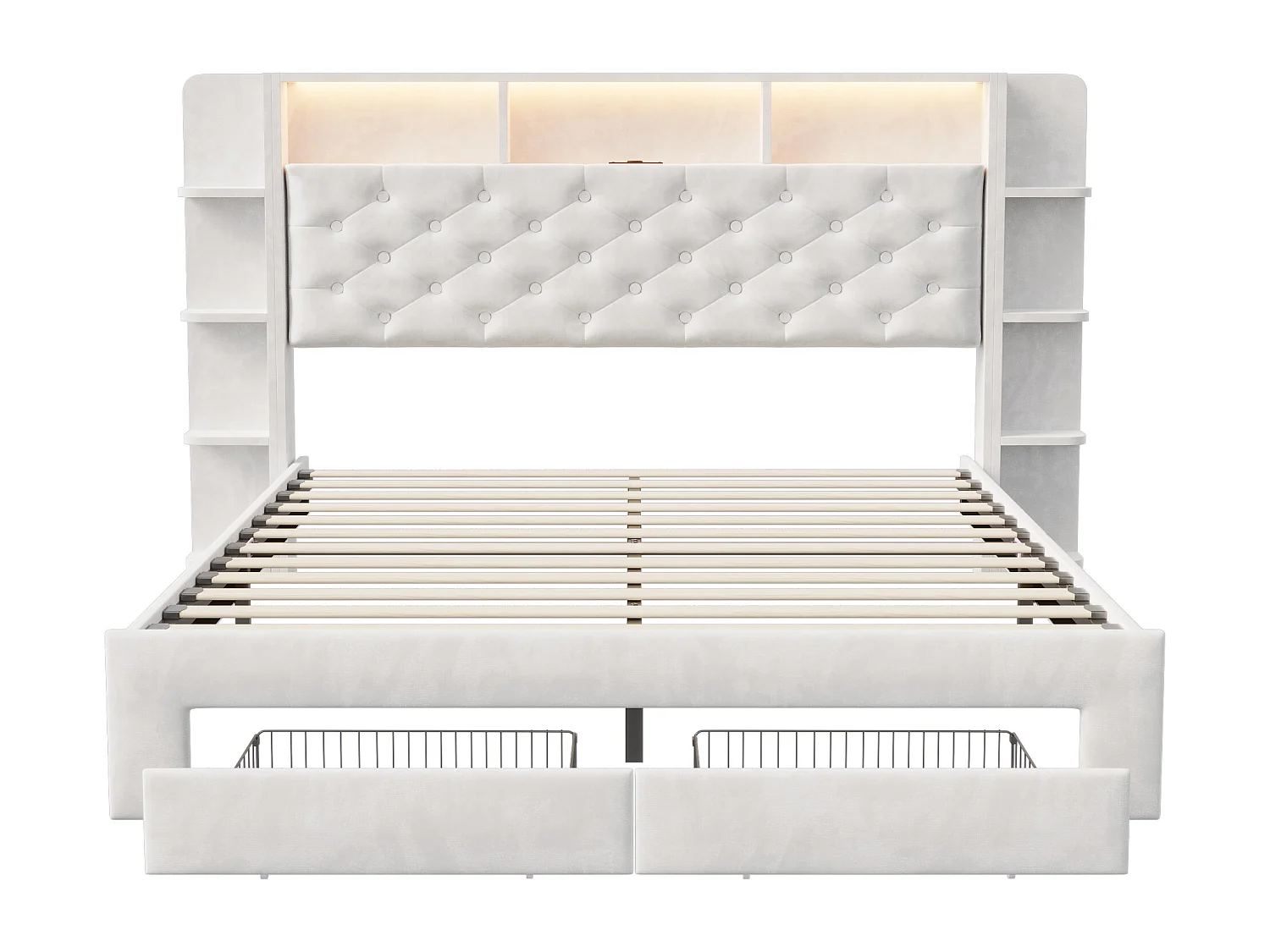Lit adulte 160x200 cm avec sommier à lattes et tiroirs, tête de lit rangement et étagère, lit capitonné  160x200 avec LED et USB, soldes, Velours, Blanc