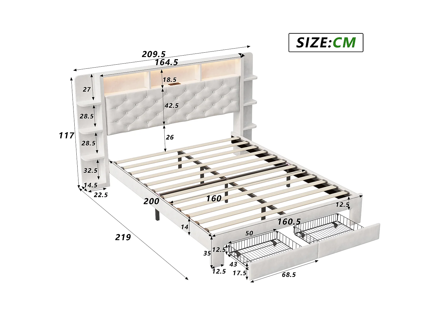 Lit capitonné 160 x 200 cm - Lit adulte avec sommier à lattes, tiroirs de rangement, tête de lit avec étagère, LED et port USB - tissu velours blanc