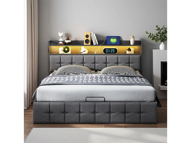 Lit 140x190 cm - NEXU - LED - USB - lit adulte 140x190 cm avec sommier à lattes - tissu en lin - cadre de lit coffre 140x190 cm - gris
