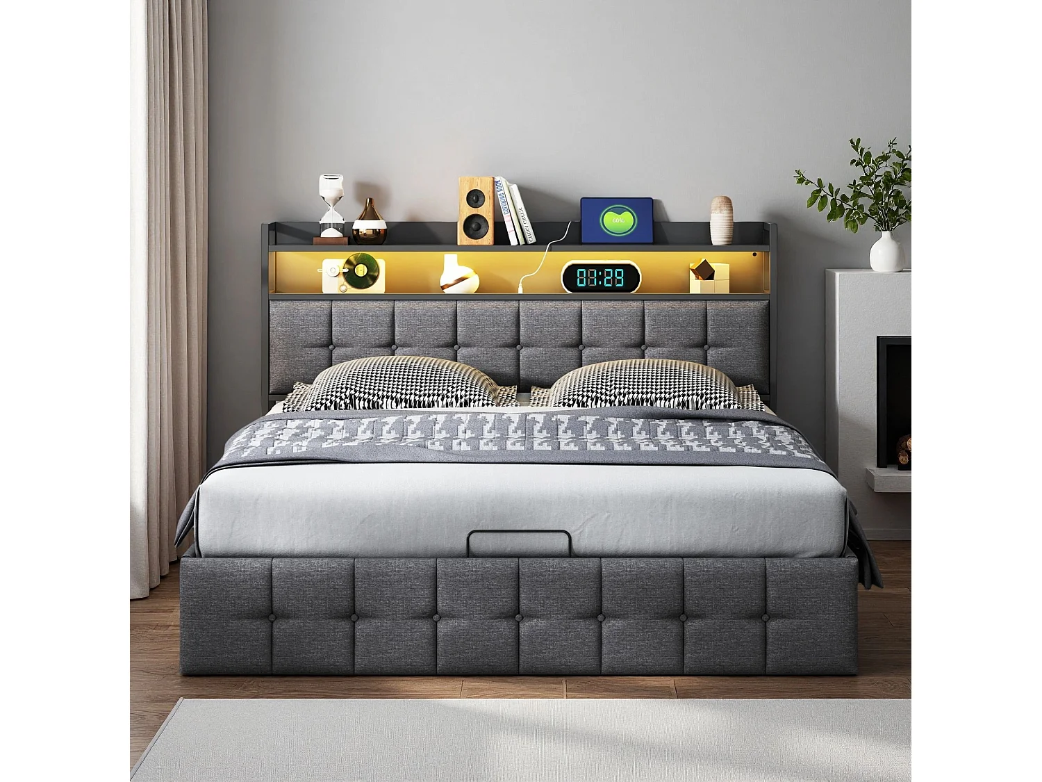 Lit 140x190 cm - NEXU - LED - USB - lit adulte 140x190 cm avec sommier à lattes - tissu en lin - cadre de lit coffre 140x190 cm - gris