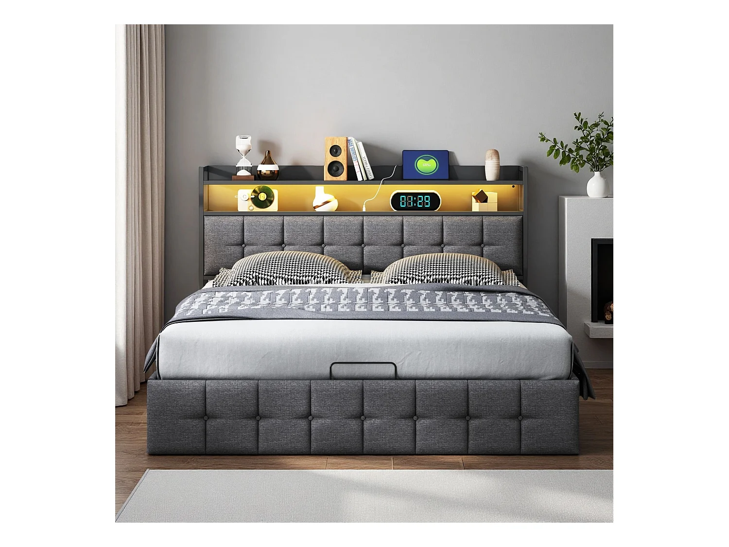 Lit 140x190 cm - NEXU - LED - USB - lit adulte 140x190 cm avec sommier à lattes - tissu en lin - cadre de lit coffre 140x190 cm - gris