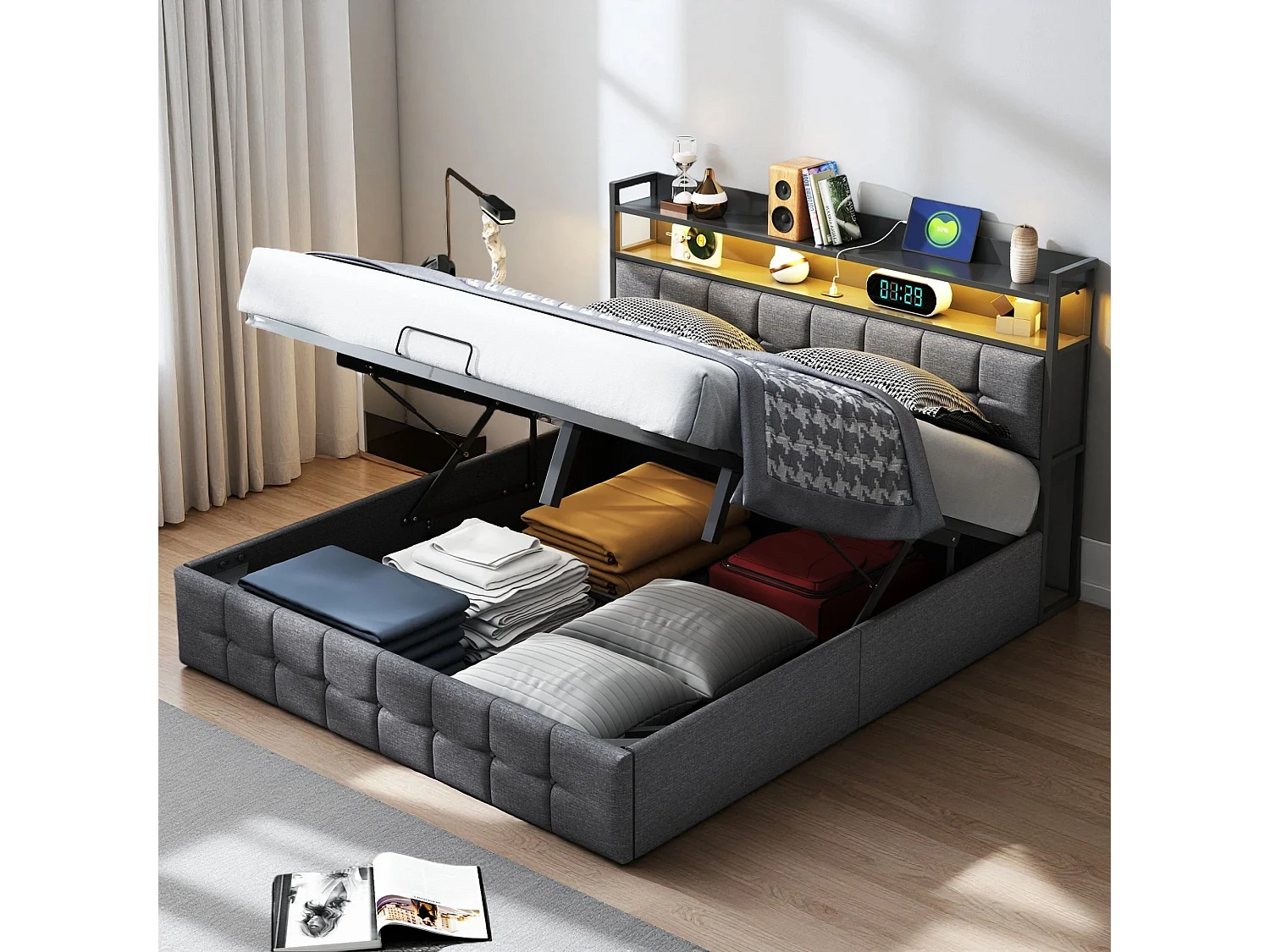 Lit coffre 140x190 cm - NEXU - LED - USB - lit adulte 140x190 cm avec sommier à lattes - tissu en lin - ​lit de rangement moderne 140x190 - gris