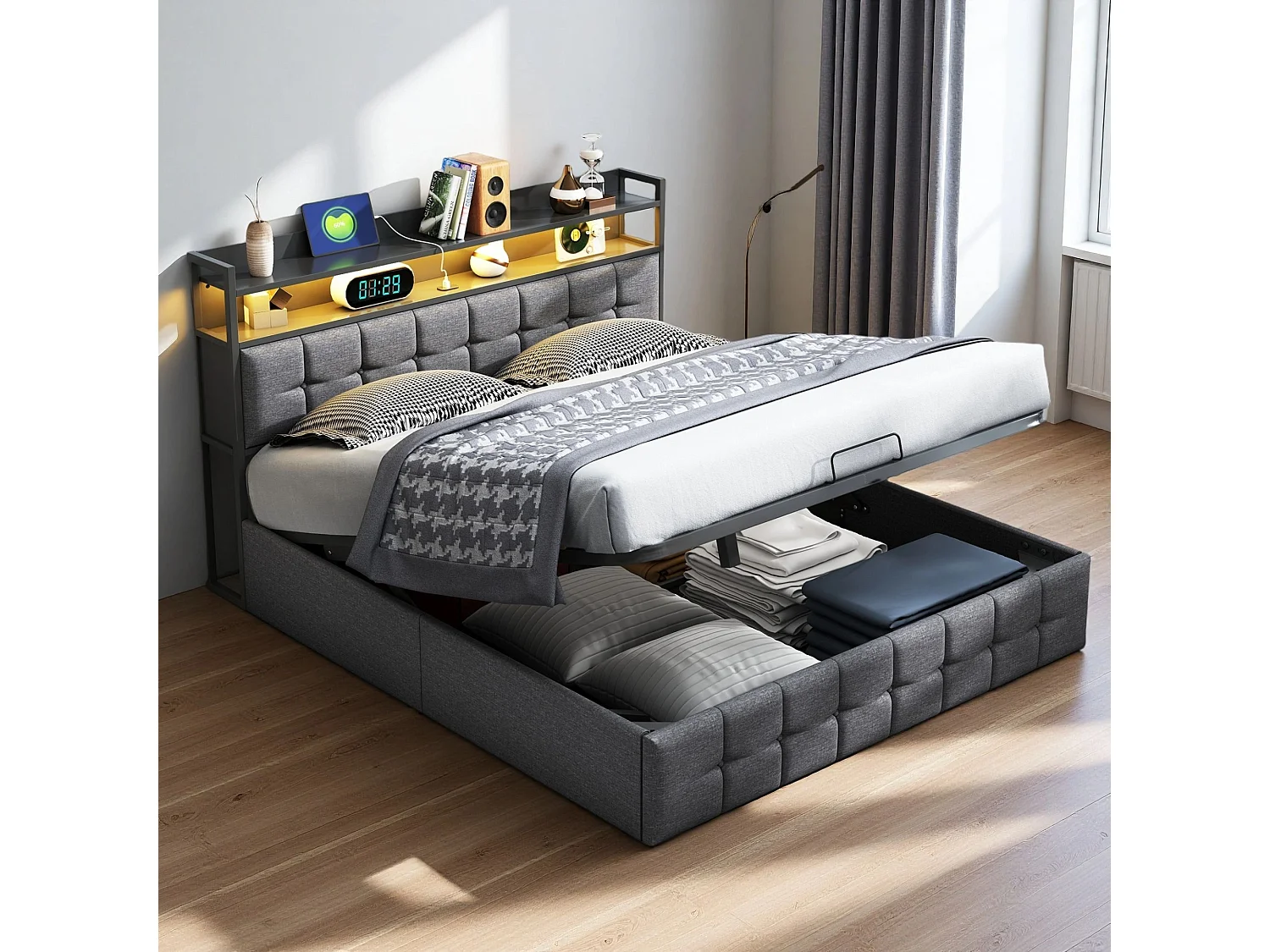 Lit coffre 140x190 cm - NEXU - LED - USB - lit adulte 140x190 cm avec sommier à lattes - tissu en lin - ​lit de rangement moderne 140x190 - gris