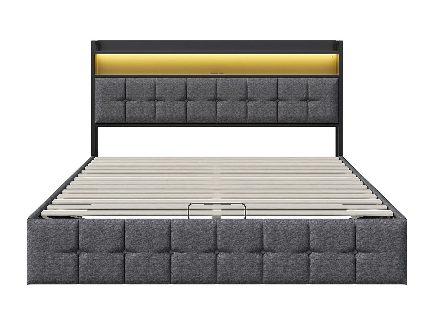 Lit coffre 140x190 cm - NEXU - LED - USB - lit adulte 140x190 cm avec sommier à lattes - tissu en lin - ​lit de rangement moderne 140x190 - gris