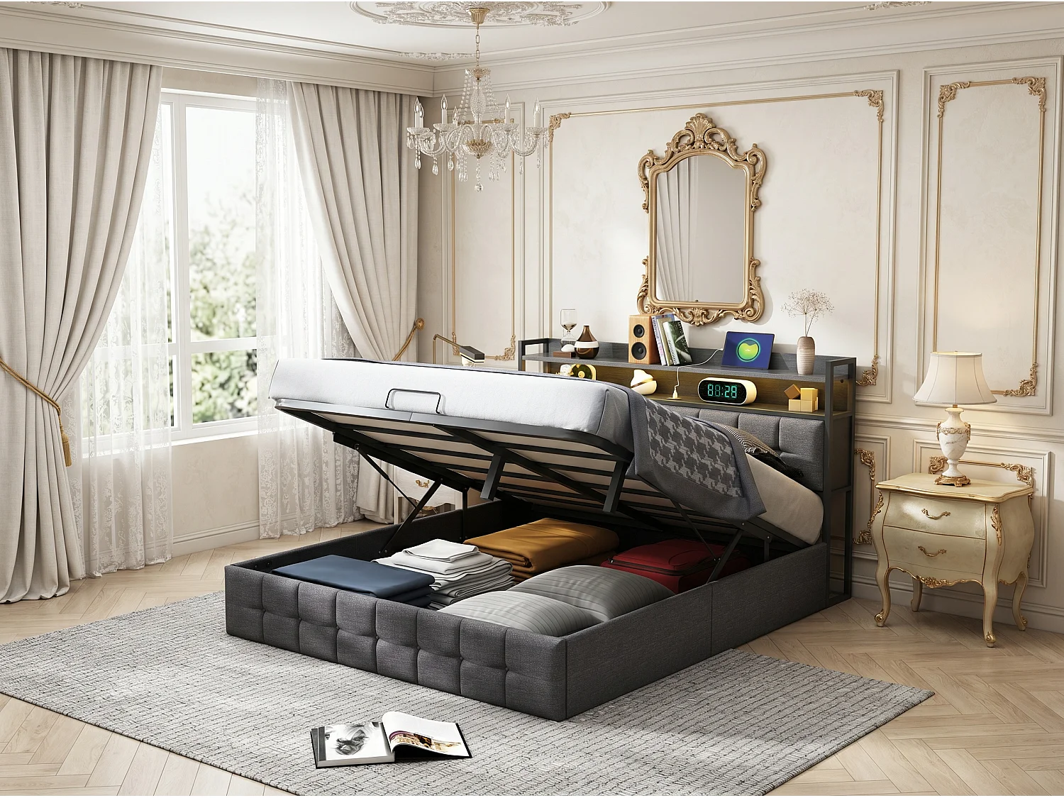 Lit coffre 140x190 cm avec sommier à lattes, LED et USB, rangement intégré, lit adulte en lin gris