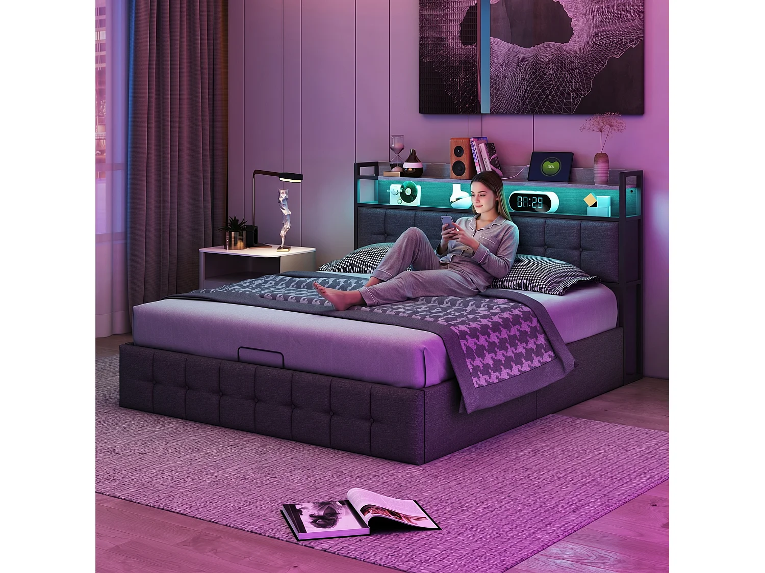 Lit coffre 140x190 cm avec sommier à lattes, LED et USB, rangement intégré, lit adulte en lin gris