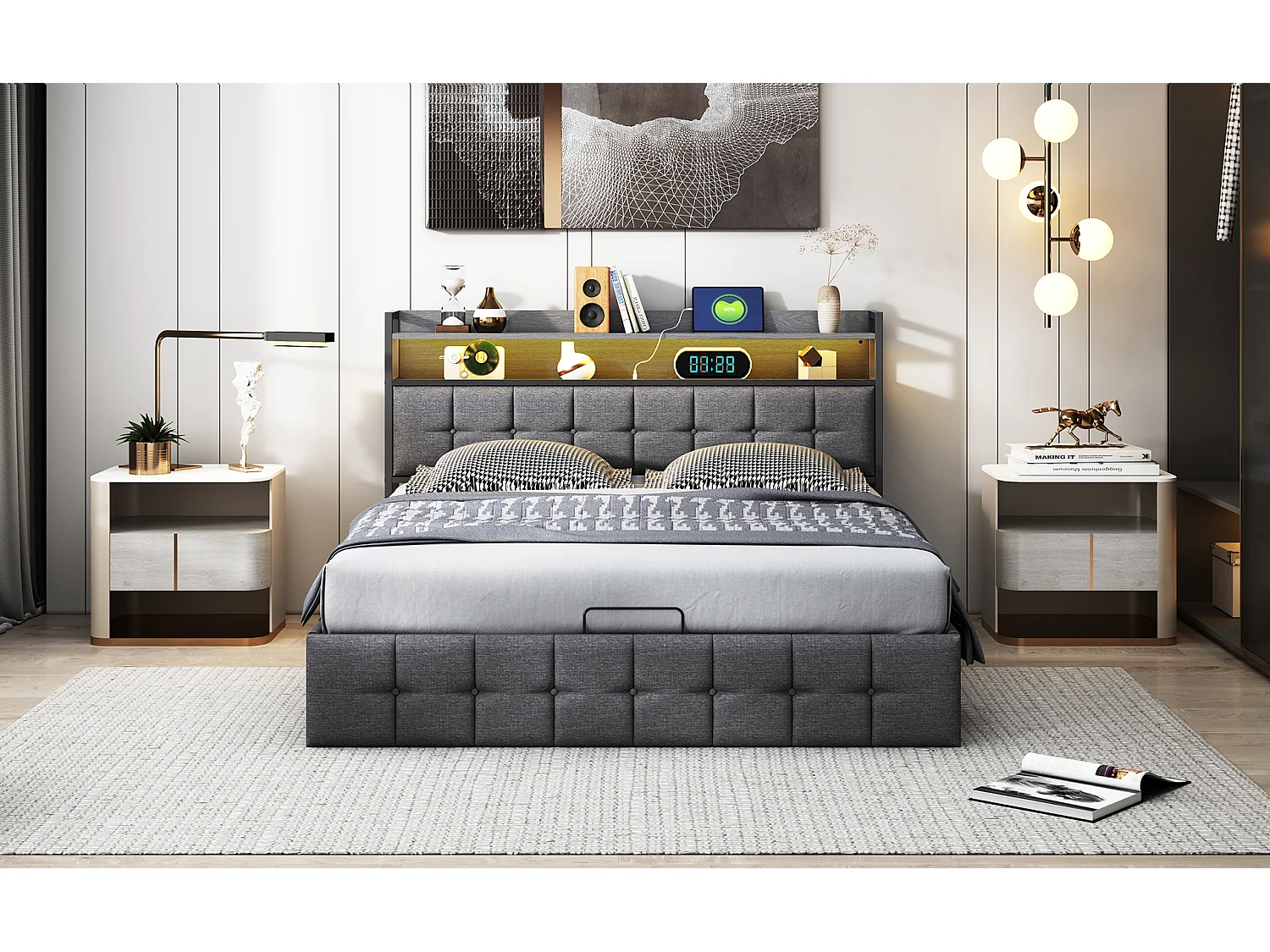 Lit double coffre rembourré 140 x 190 cm en tissu effet lin gris, tête de lit avec bande LED et prise européenne, vérins à gaz, sommier à lattes