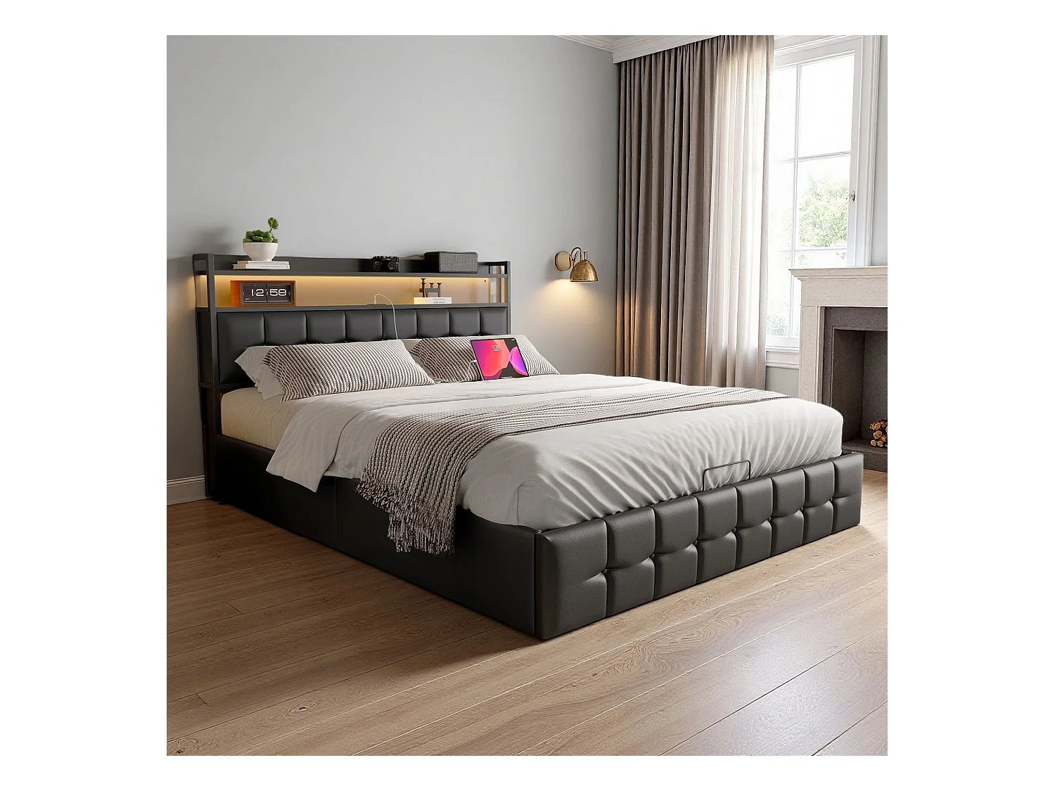 Lit 140x190 cm - NEXU - LED - USB - lit double 140x190 cm avec sommier à lattes - tissu en PU - cadre de lit coffre 140x190 cm - noir