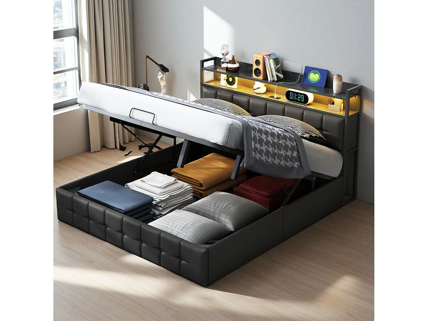 Lit coffre 140x190 cm - NEXU - LED - USB - lit adulte 140x190 cm avec sommier à lattes - lit double 140x190cm tissu en PU - noir