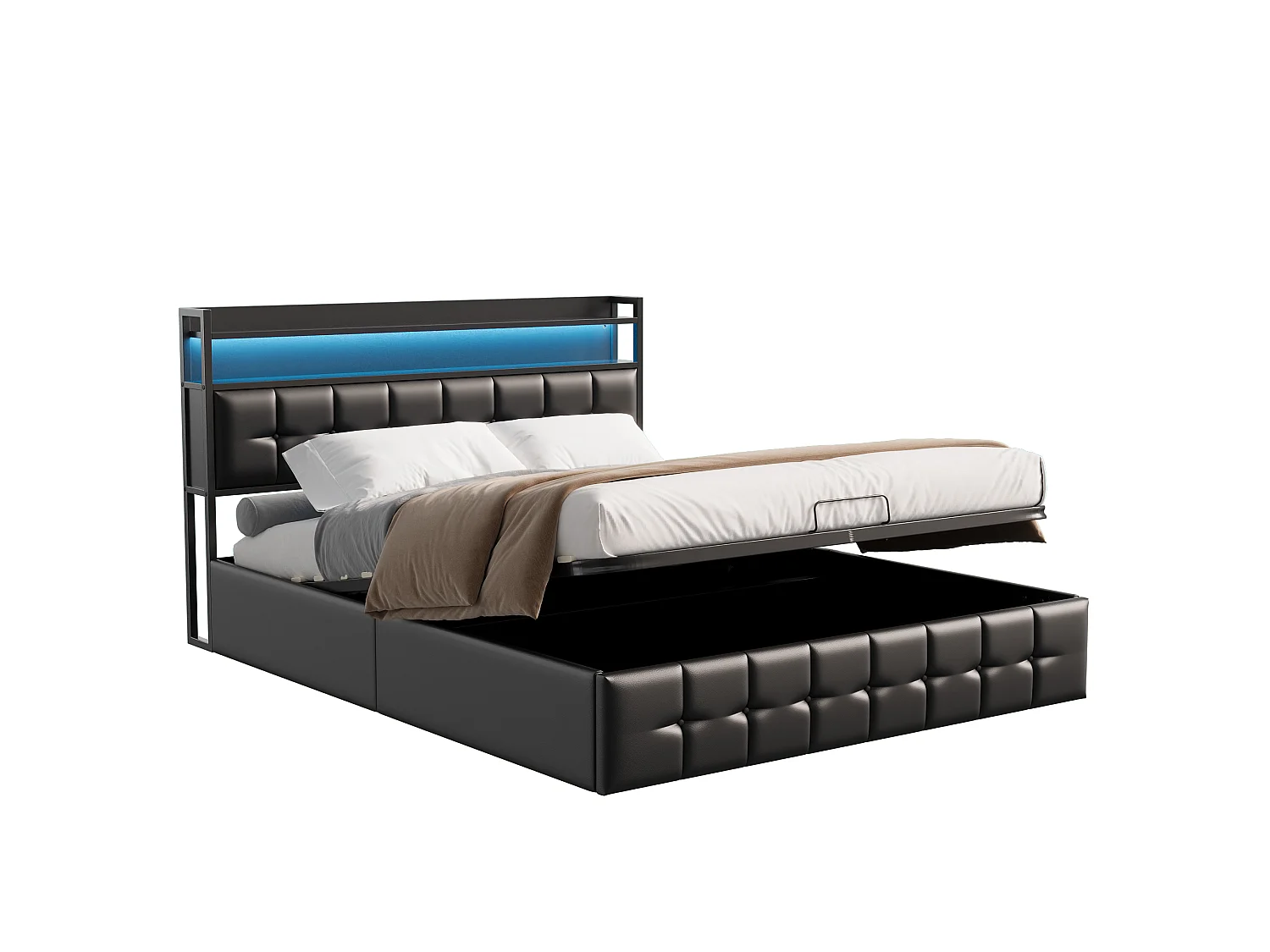 Lit coffre NEXU 140x190 cm en PU noir - Lit double adulte avec sommier à lattes, éclairage LED intégré et port USB