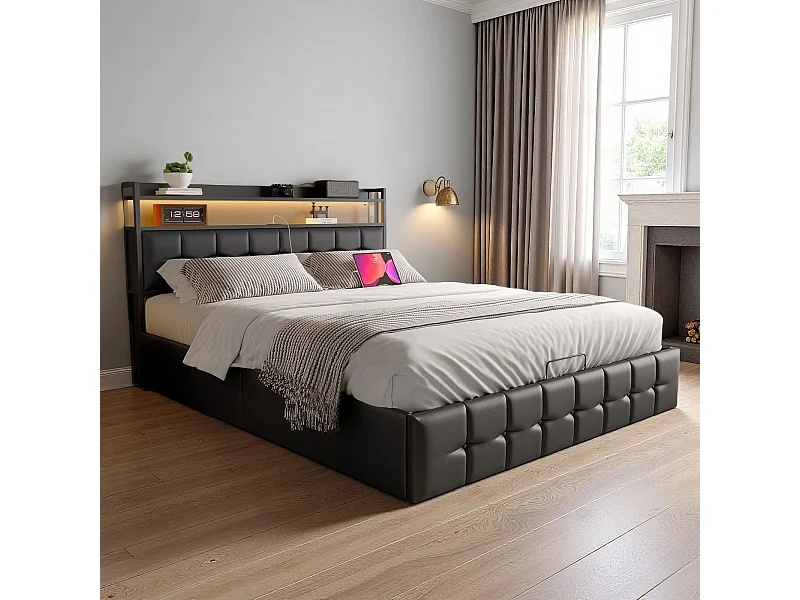 Lit coffre 140x190 cm - NEXU - LED - USB - lit adulte 140x190 cm avec sommier à lattes - lit double 140x190cm tissu en PU - noir