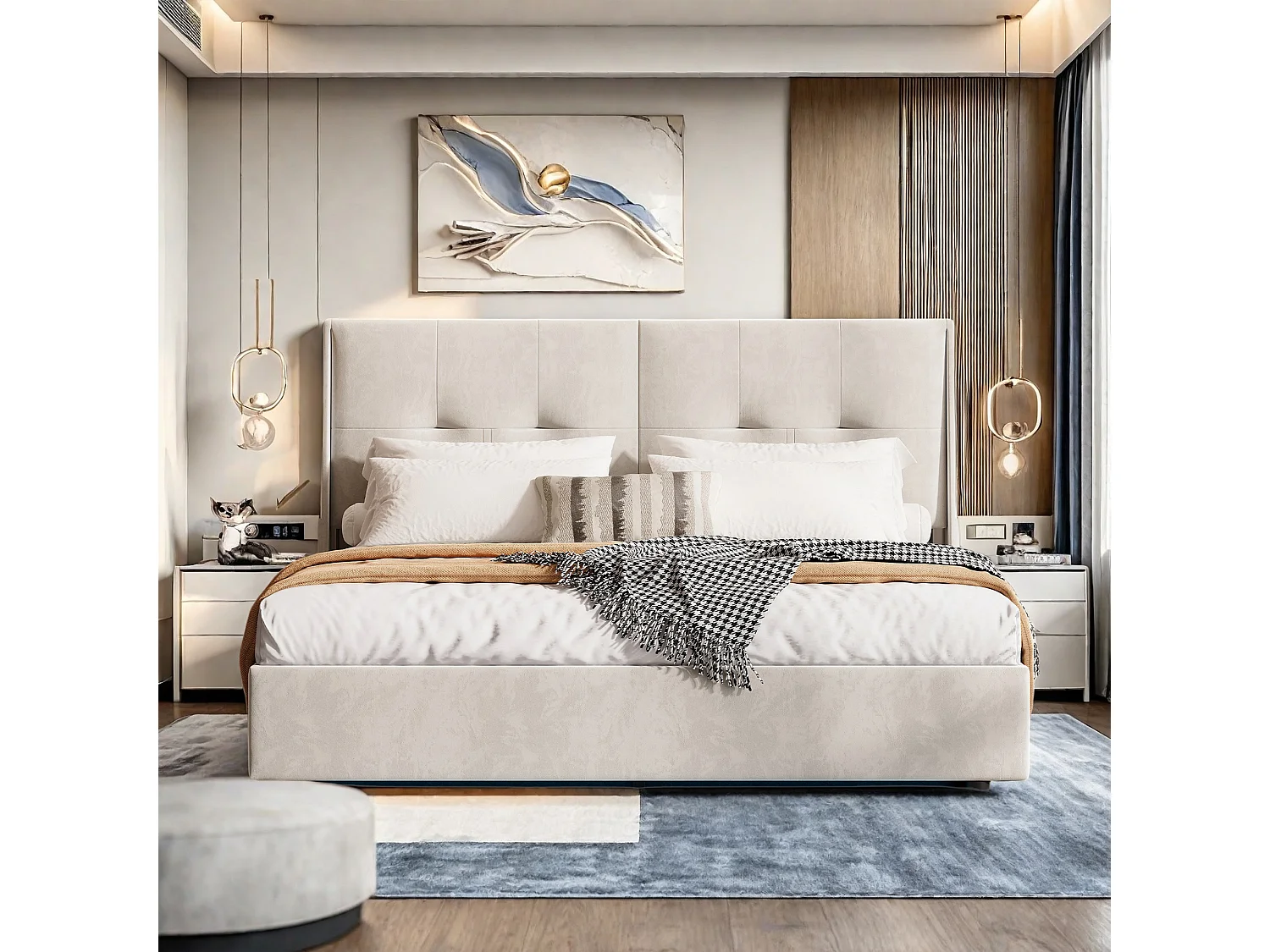 Lit 140x200 cm - NEXU - LED - lit double 140x200 cm - cadre de lit coffre 140x200 cm avec sommier à lattes - tissu en velours - beige