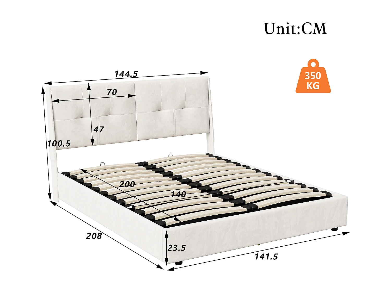 Lit 140x200 cm - NEXU - LED - lit double 140x200 cm - cadre de lit coffre 140x200 cm avec sommier à lattes - tissu en velours - beige