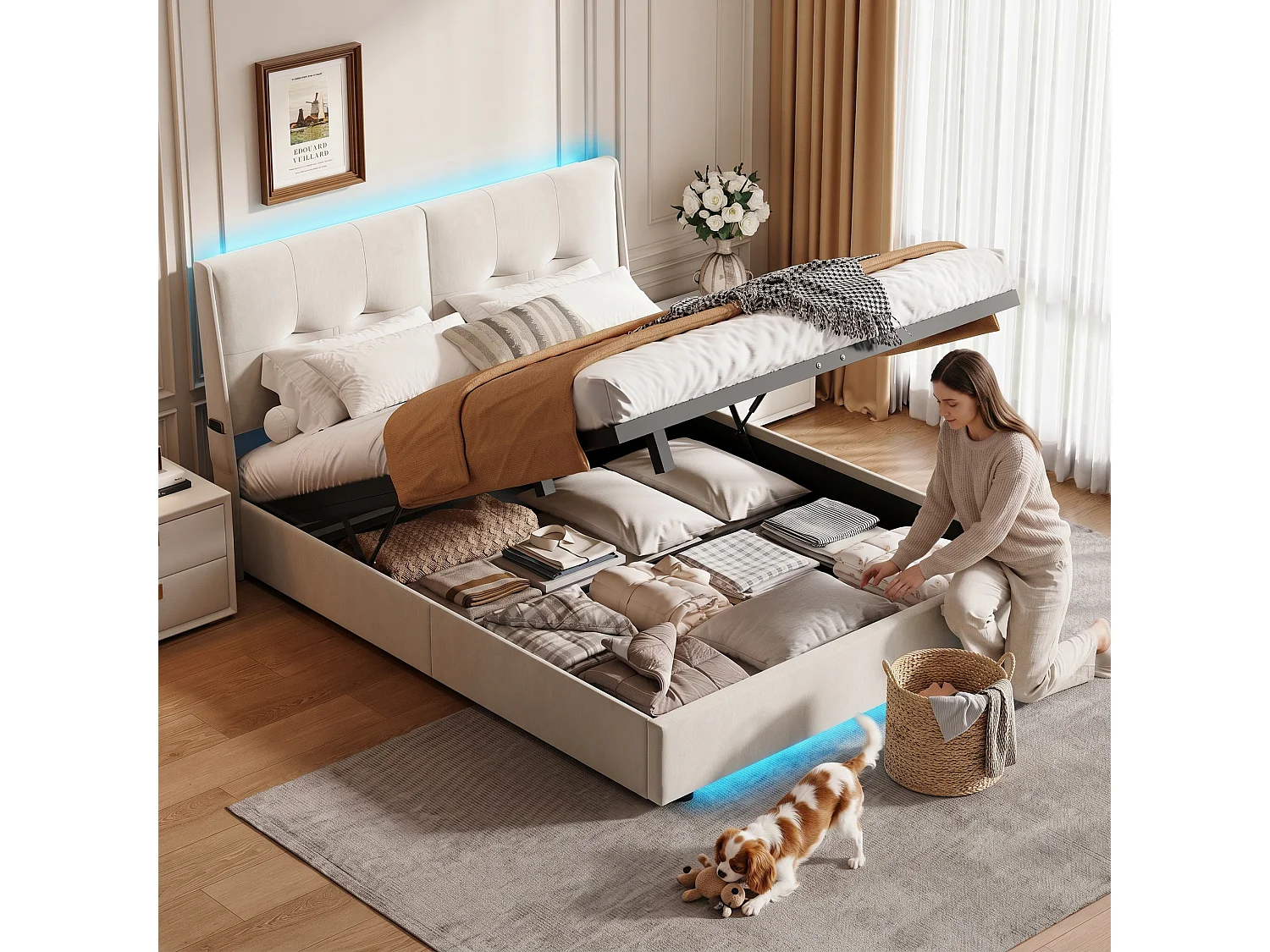 Lit coffre 140x200 cm avec sommier à lattes et LED, lit double en velours beige