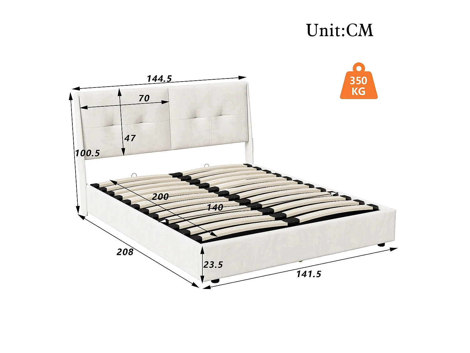 Lit coffre 140x200 cm avec sommier à lattes et LED, lit double en velours beige